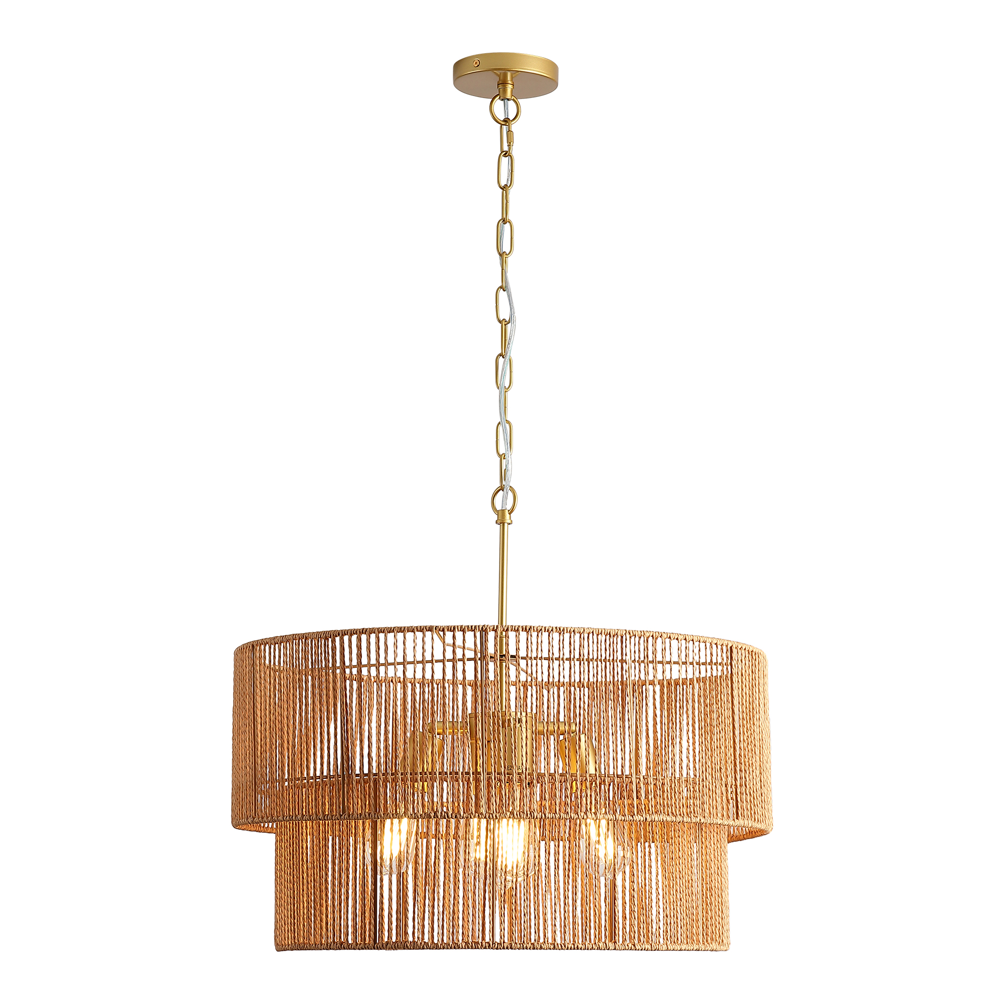 23.62in  Handwoven Woven Paper Rattan Chandelier, 2-Tier Boho Wabi-Sabi Pendant Light, Gold Metal Hanging Ceiling Lamp, Wicker Lighting Fixture For Dining Room Kitchen Island Living Room — foto 5