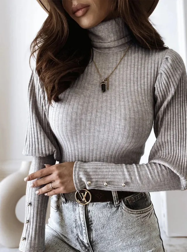 Women's New Pile High Collar Pullover With Bottom Sweater Grey - Shop at LoveMi