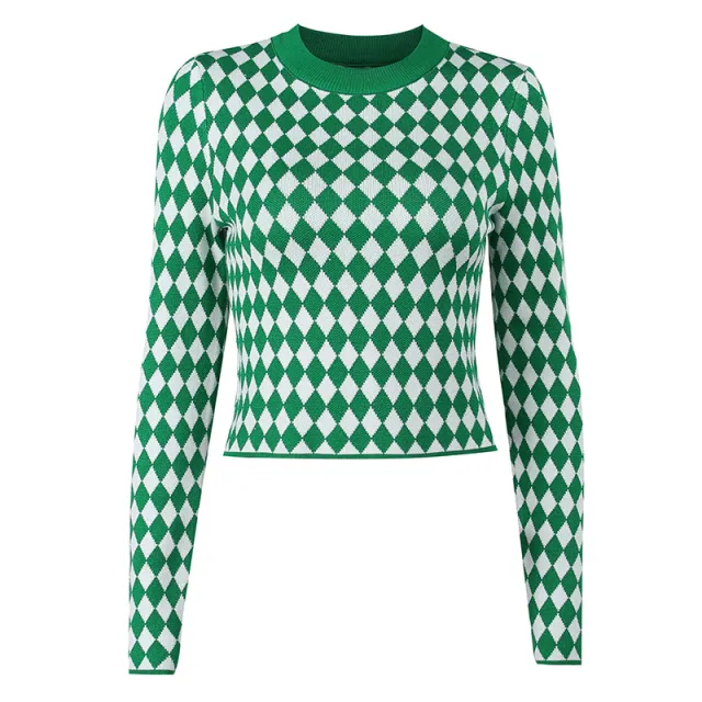Round Neck Slim Diamond Plaid Wool Short Knit Green - Shop at LoveMi