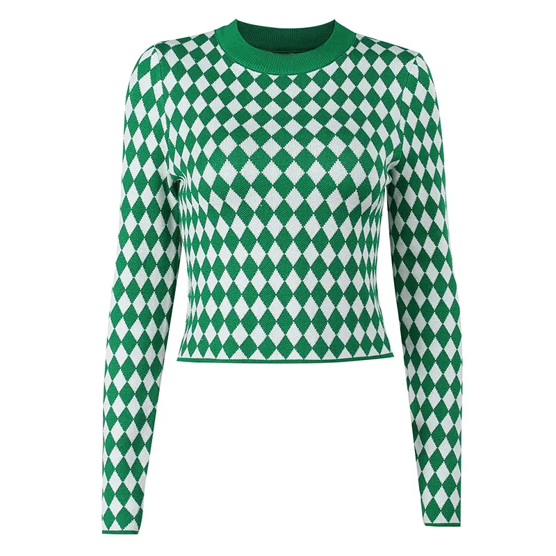 Round Neck Slim Diamond Plaid Wool Short Knit - Green