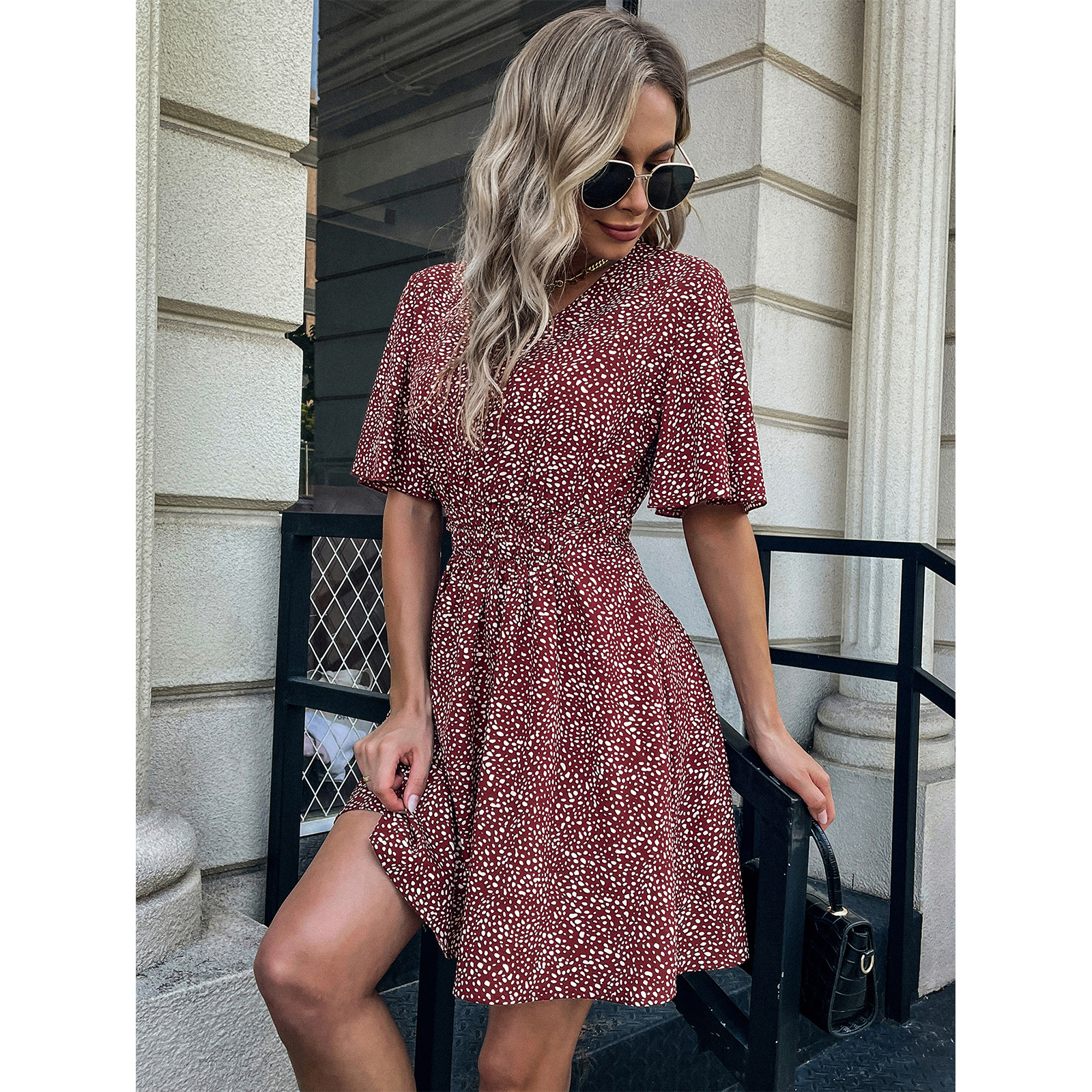 Women's V-Neck Short Sleeve Polka Dot Dress A-Line Skirt