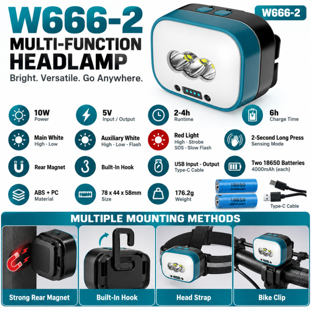 W666-2 վերալիցքավորվող LED գլխի լապտեր՝ մագնիսով, 10 Վտ, 4000 mAh