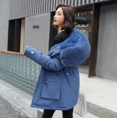 Oversized Fur Collar Cotton-padded Coat Loose Plus Velvet Thickening Women - Blue - View 1