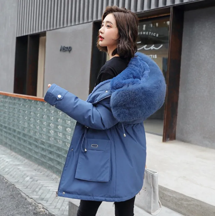 Oversized Fur Collar Cotton-padded Coat Loose Plus Velvet Thickening Women - Blue