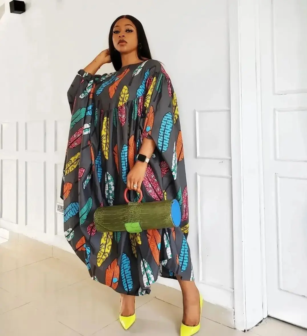 Loose Printing Women's Batwing Sleeve Maxi Dress