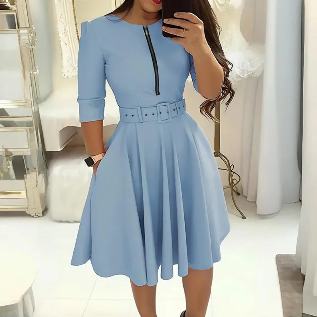 Women's Round Neck Zip Front Midi Dress With Belt A Line Shift Dress With Pockets & Draped Detail For Spring&Summer Sky Blue - Shop at LoveMi