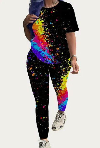 Women's Printed Round Neck T Shirt And Leggings Set Multicolour - Shop at LoveMi