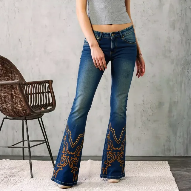 Embroidered Flare Jeans High Waist Bootcut Denim For Cowgirl Look Retro Stretch Pants Vintage Style For Western Women Bellbottomjeans Flared 90s Ou... Size12 - Shop at LoveMi