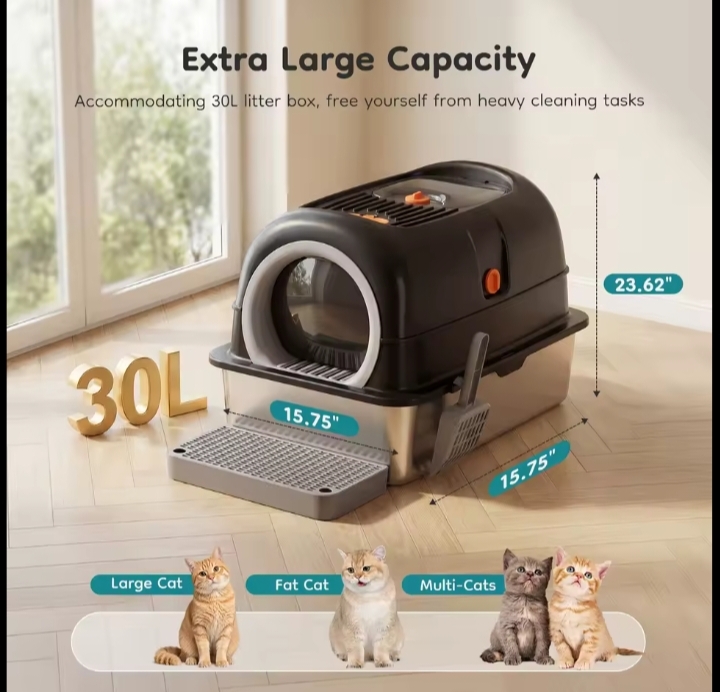 Stainless Steel Enclosed Cat Litter Box With Hood And Scoop