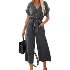 Cropped Pants Women's Loose Casual V-neck - Dark Grey - View 1