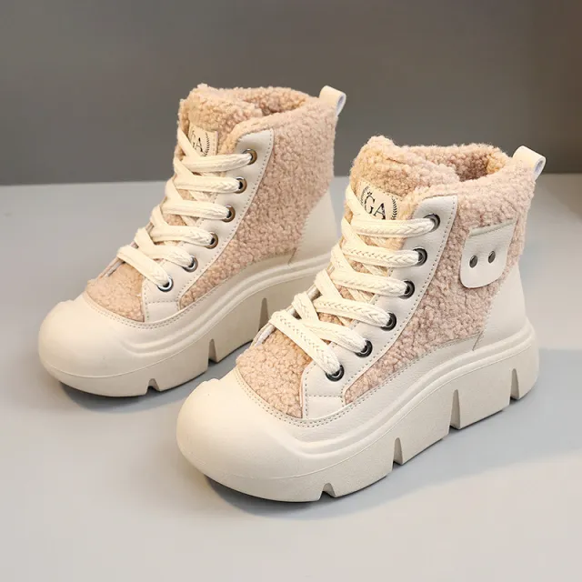 Lace up High top Flat Shoes For Women Winter Warm Cashmere Snow Boots Fashion Street Campus Students Height Increasing Shoes Khaki - Shop at LoveMi