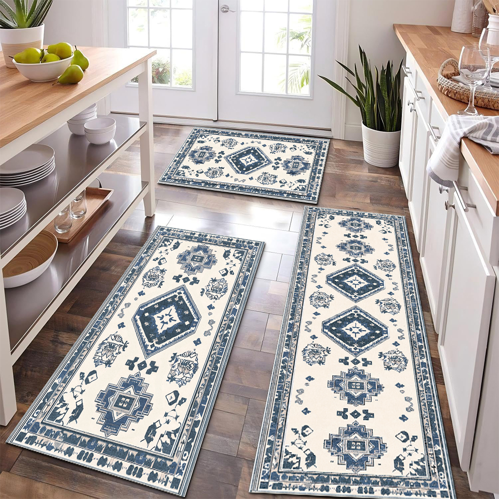 Blue And White Retro Ethnic Style Kitchen Carpet Three-piece Set Niche Artistic Texture Infuses Retro Ritual Feeling For Kitchen Space Non-slip Easy-to-clean And Also Produces A Piece Of Cashmere-like 5