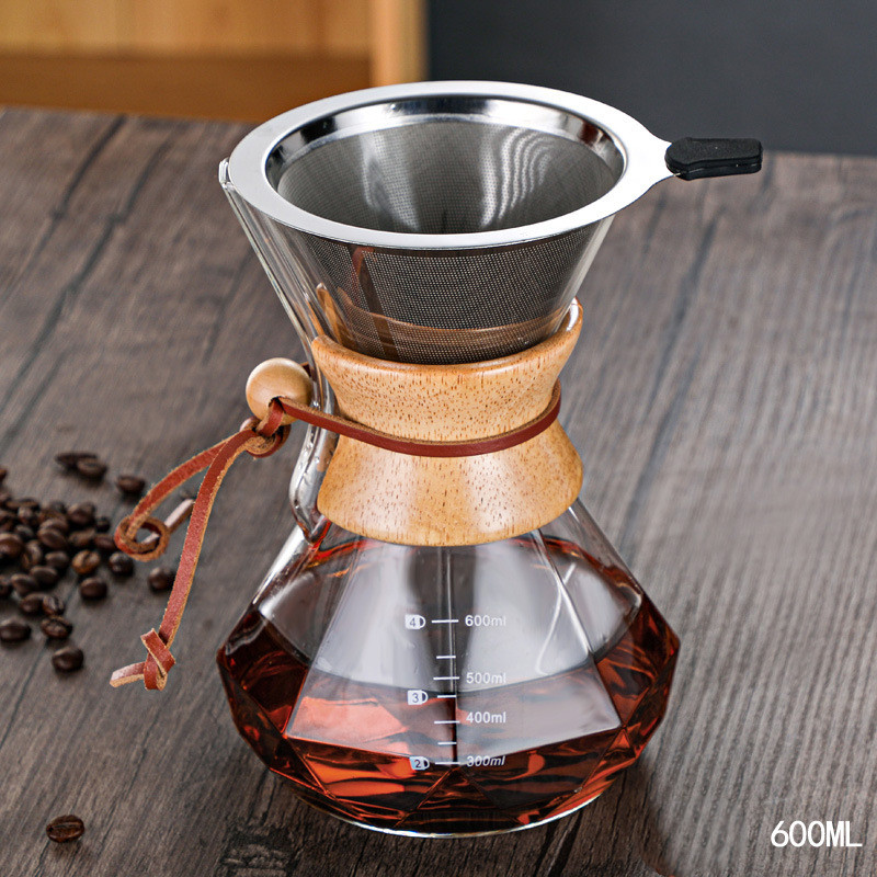 Hand-made Coffee Pot Diamond-shaped Glass Drip Pot Filter Cup With Wood Chip Scale
