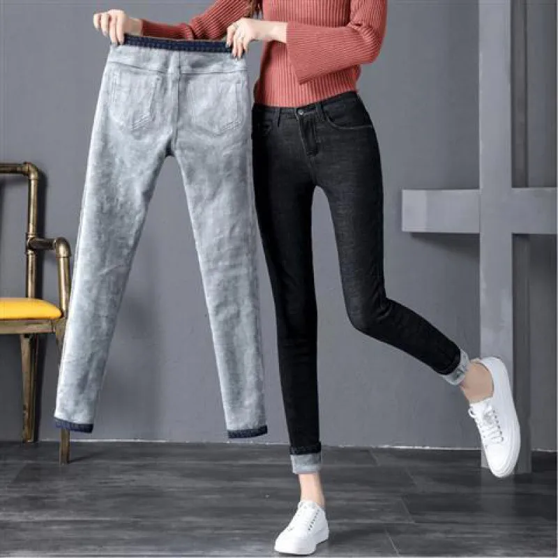 Women's Black Tight Fit And Thin Outer Wear Warm Cotton Pants - White