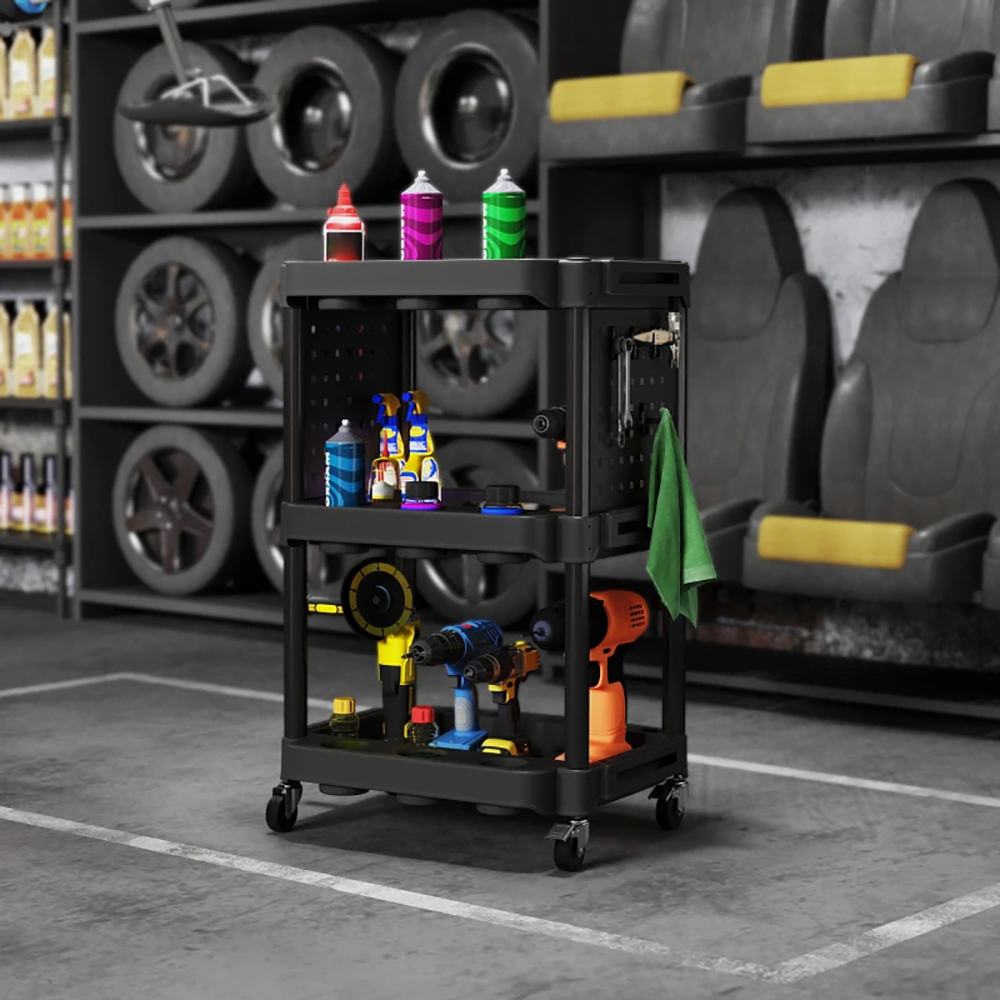 3-Tier Rolling Tool Cart, 200 LBS Capacity Plastic Utility Cart With Side Shelves For Garage, Workshop, Tikt0k Sale Prohibited