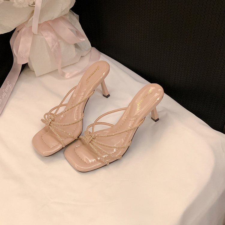 2026 Summer New Arrival European And American Style Open Toe Square Toe Multi-Row Rhinestone Stiletto Women's High Heel Sandals