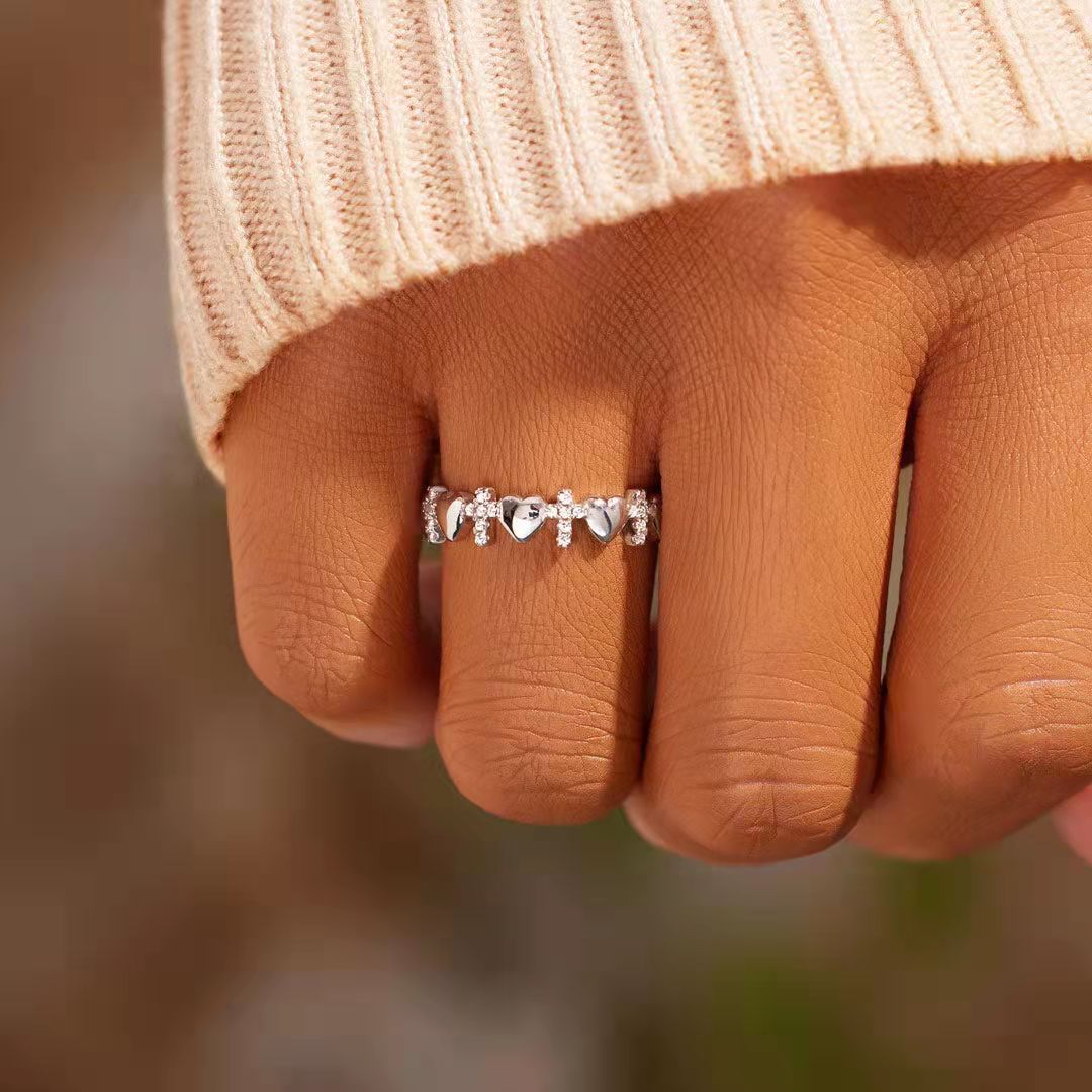 Silver Ring Cross With Heart Fashion