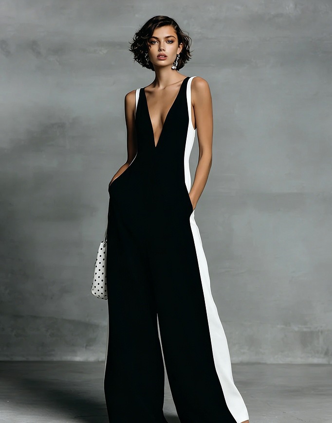 Women's V-Neck Black & White Colorblock Thin Strap Wide Leg Jumpsuit, Spring Summer New