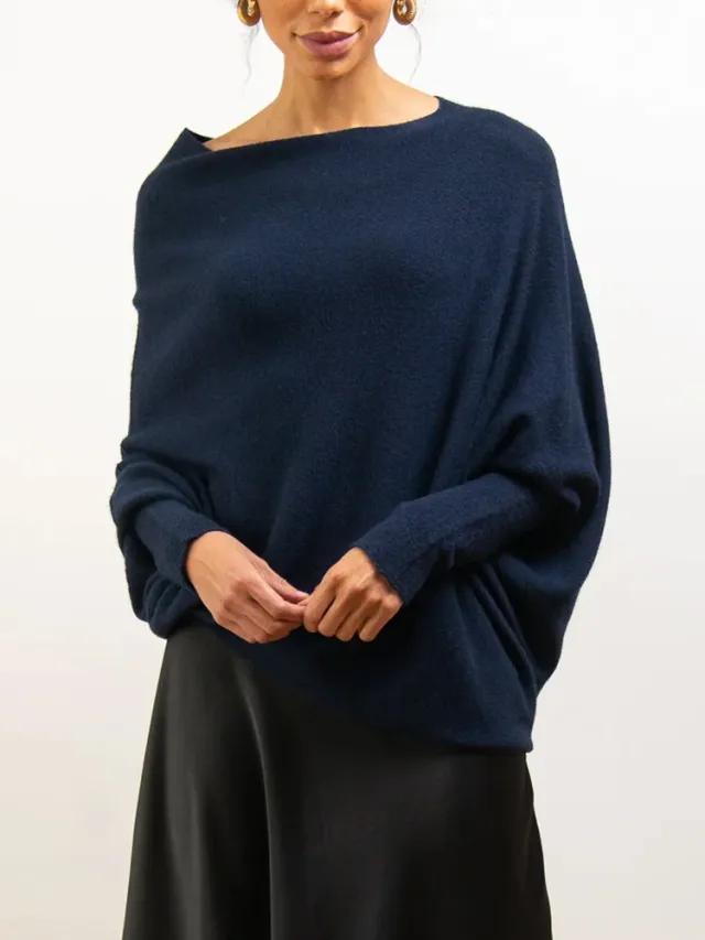Solid Off shoulder Batwing Sleeve Sweater Fashion Round Neck Temperament Pullover Top Womens Clothing Navy Blue - Shop at LoveMi