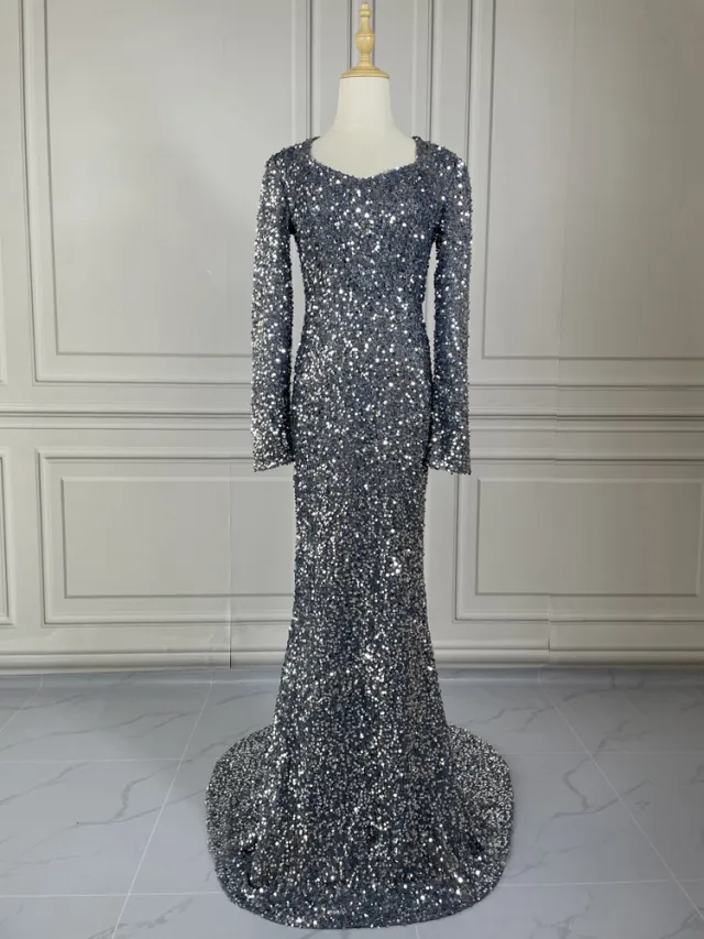 Sequined Fishtail Trailing Temperament Banquet Dress Skirt Girl Grey - Shop at LoveMi