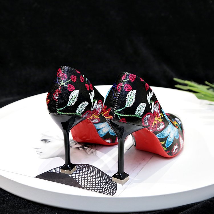 Fashion Single Shoes Women's New Shallow Mouth Working Plant Flower Stiletto Heel