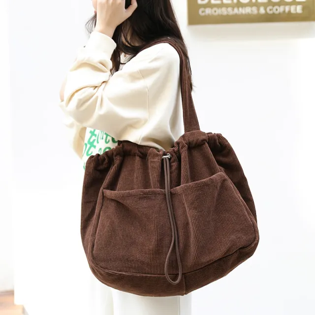 Ins Corduroy Shoulder Bags Drawstring Multi pocket Handbag Women Underarm Bags Coffee - Shop at LoveMi