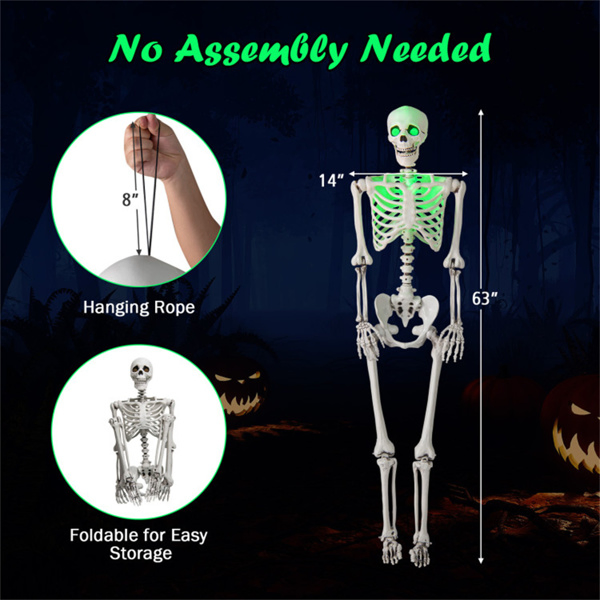 5.5ft Life-Size Pre-Lit Halloween Skeleton - Built-In Green LED Lights (Eyes/Chest), Fully Poseable Joints, PP+PE Material-16