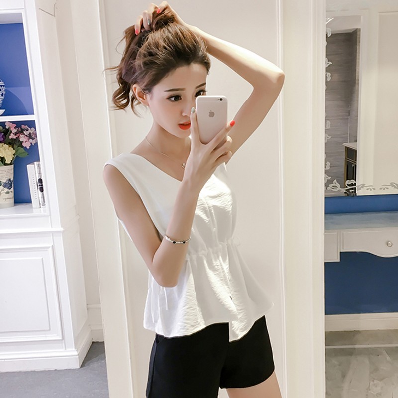 Title 5, Slim Waist And Irregular V Neck Shirt Sleeveles...