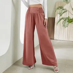 Fashion Straight Wide Leg Pants Elastic High Waist Casual Trousers For Women - Pink - View 1