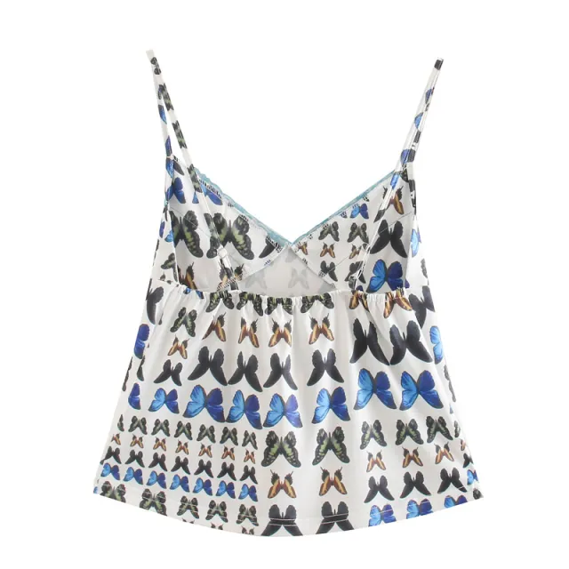 Lace Butterfly Print Sling Cropped Slim Top White - Shop at LoveMi