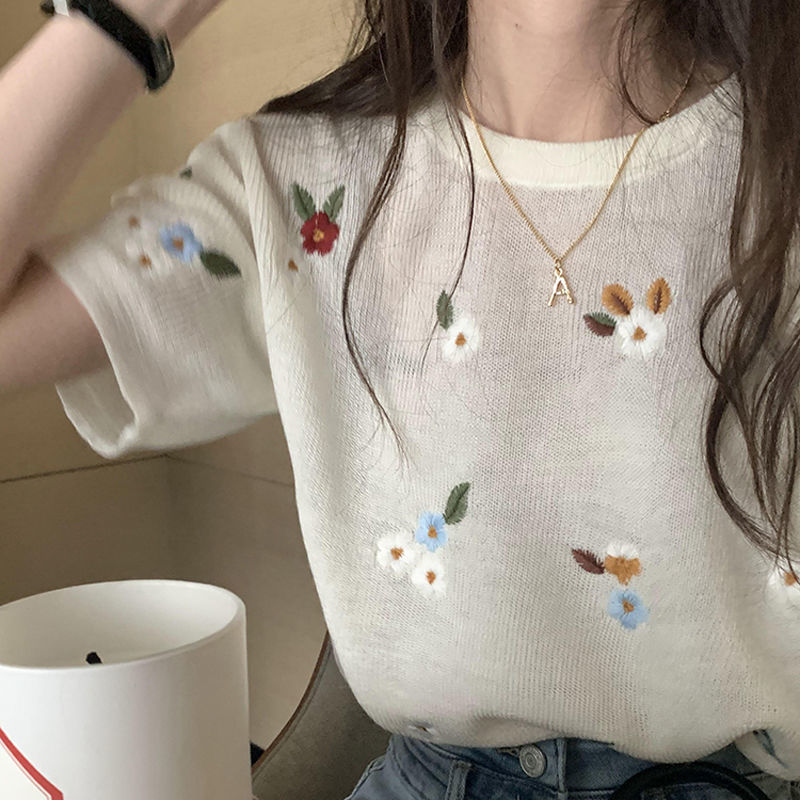 Embroidered Ice Silk Knit Loose Short Sleeve T-shirt — image 1