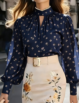 French Retro Style Stand Collar Puff Sleeve Blouse For Women
