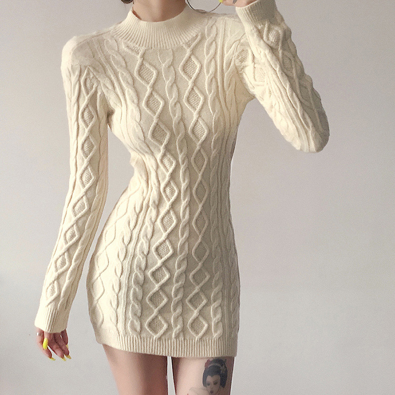 Women's Long Sleeve Round Neck Slim Knitted Knit Dress