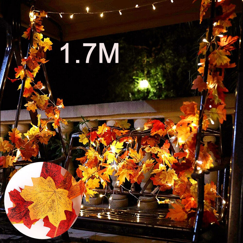 Autumn Fall Maple Leaves LED Lights Garland Hanging Plant