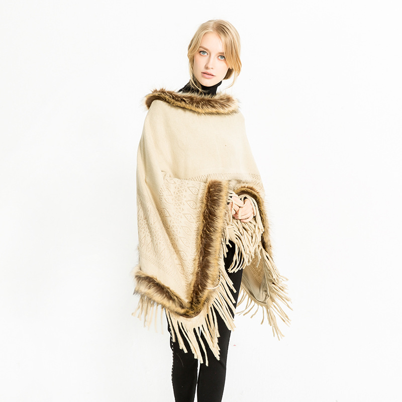 Fashionable Lady Shawl Neckline Faux Fur Decoration
