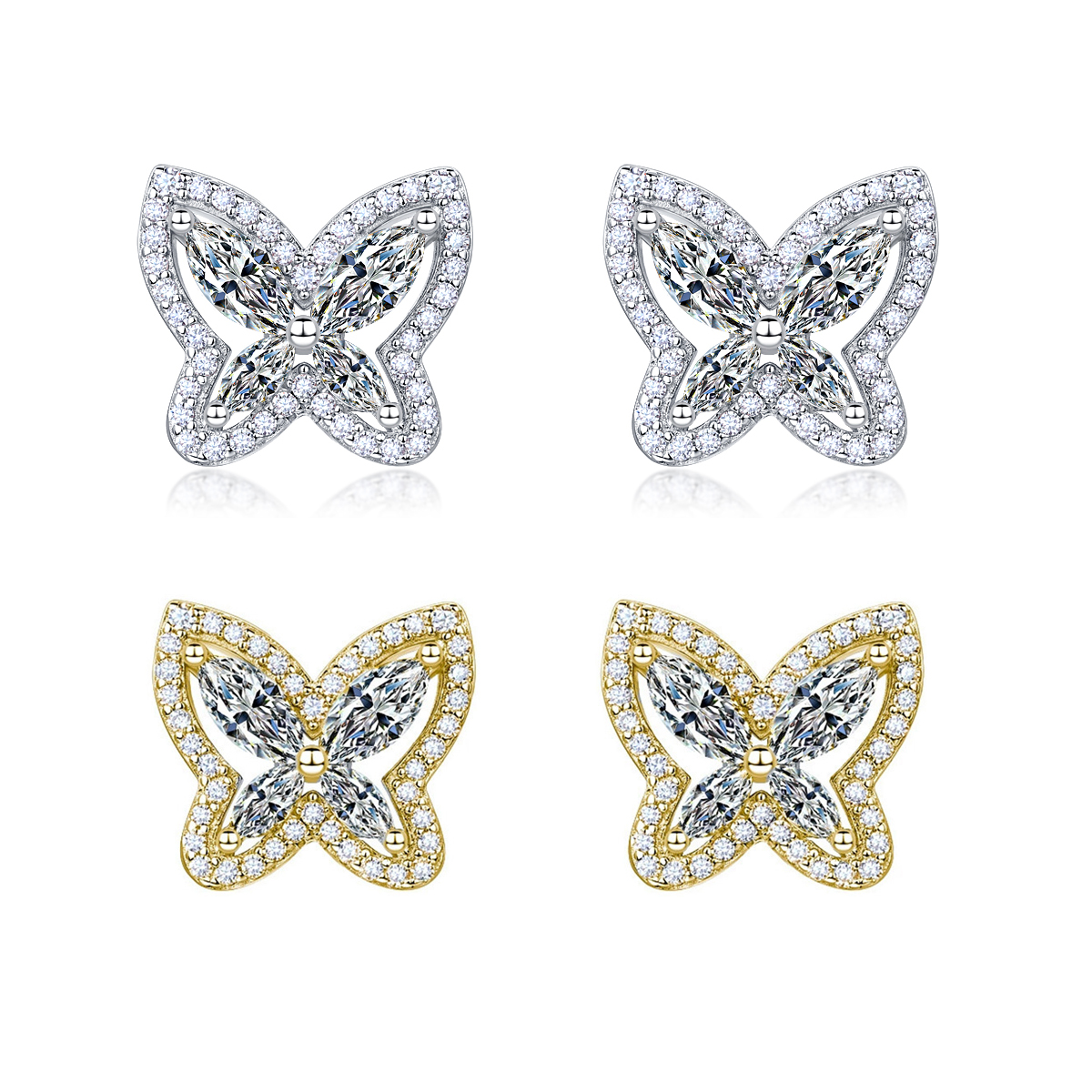 S925 Sterling Silver Butterfly Stud Earrings, D-VVS1 Moissanite Marquise Cut, Platinum Plated 3.3g Women's Jewelry Gift Box