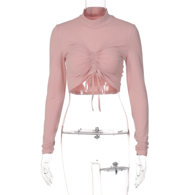 Fashion Crinkle Sports Yoga Slim Navel Crop Long Sleeve Top