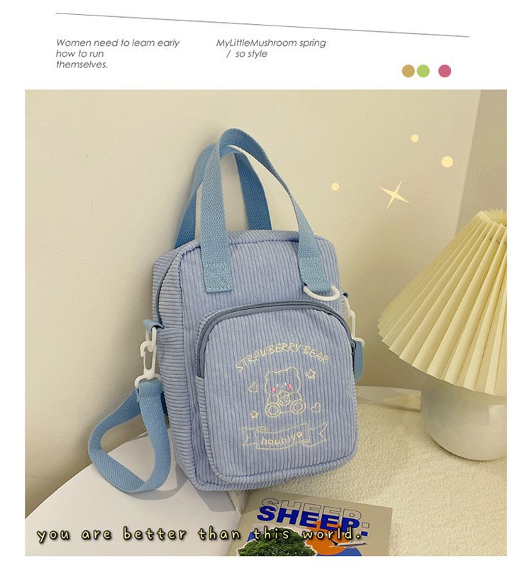 Cute Embroidery Bear Soft Sister Student Corduroy Hand Crossbody Bag