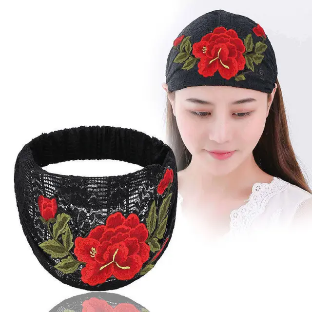 Embroidered Flowers Cover White Hair Wide brimmed Headband For Ladies Black - Shop at LoveMi