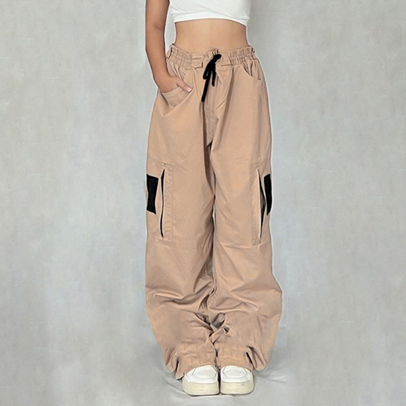 Khaki Sweet Cool Sexy Zipper Pocket Stitching Tied Casual Pants High Waist Loose Contrast Color Woven Pants Khaki - Shop at LoveMi