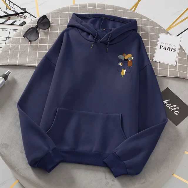 Popular Women's Pocket Cat Fleece Long sleeved Sweater Hoodie Navy Blue - Shop at LoveMi