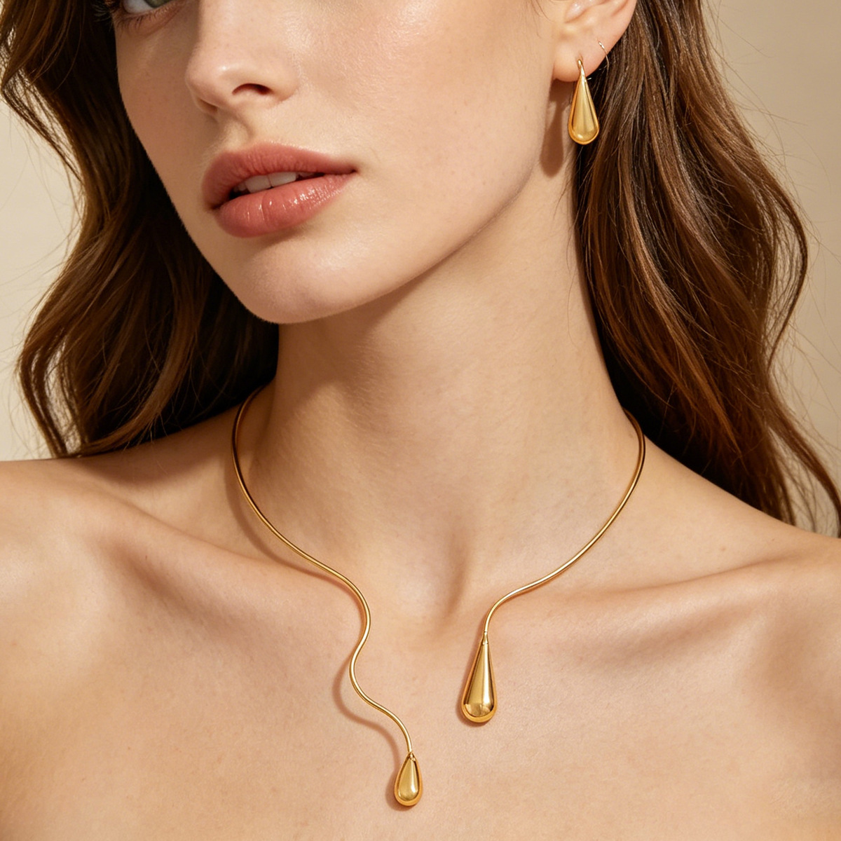 Cross-Border European American Jewelry Set, Geometric Line Teardrop Open Clavicle Necklace & Matching Earrings, Niche Elegant Versatile Neck Ear Jewel