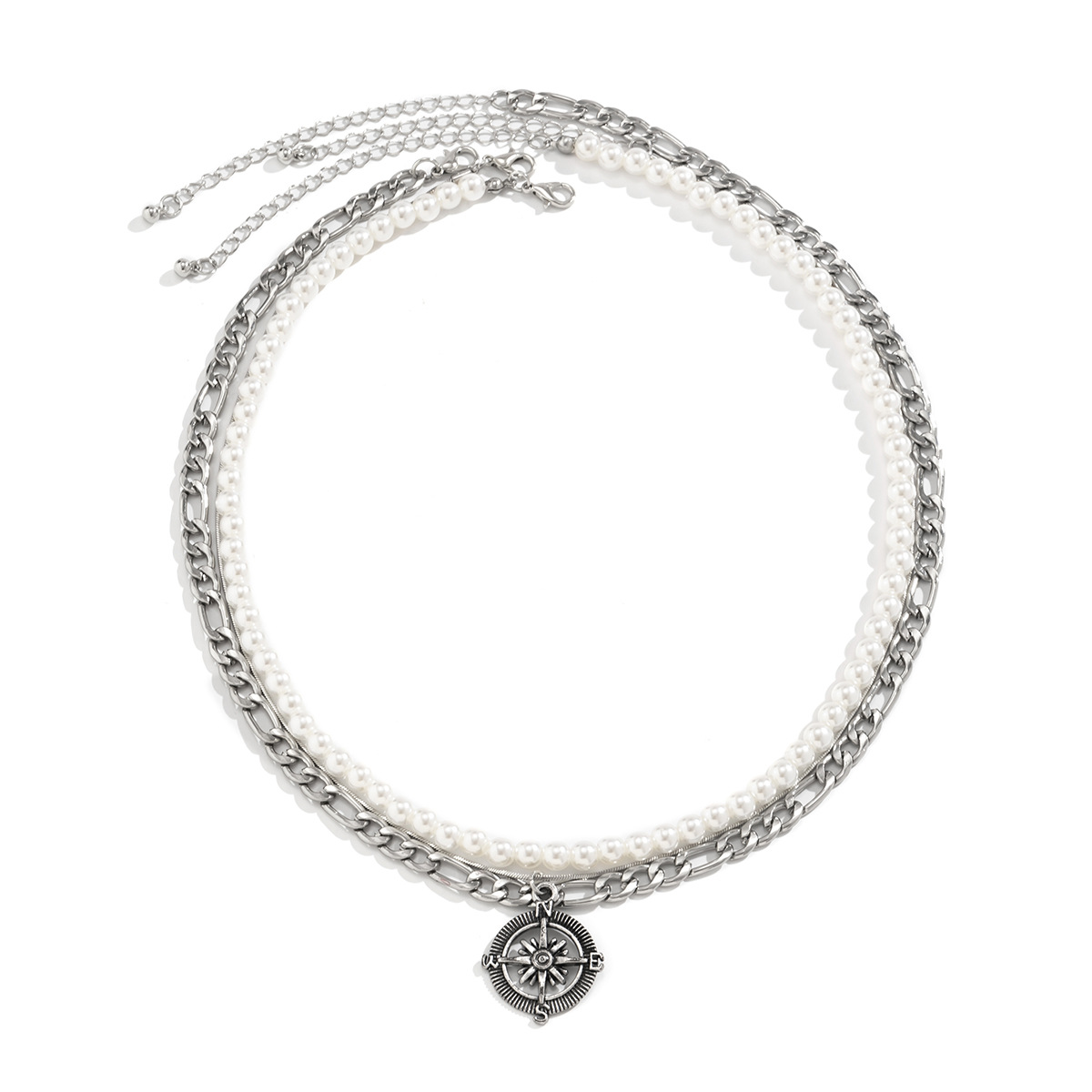 Mens Fashionable And Versatile Multi-layered Stacked Vintage Compass Pendant Necklace