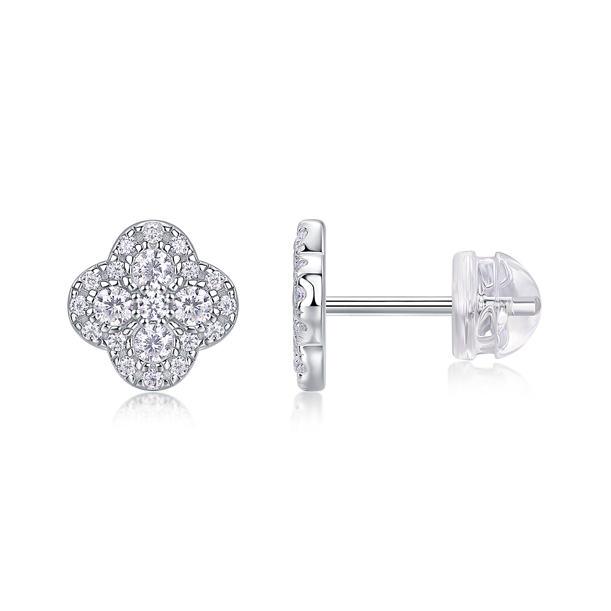 S925 Sterling Silver Clover Stud Earrings, D-VVS1 Moissanite Pave, Platinum Plated 1.2g Women's Jewelry Gift Box