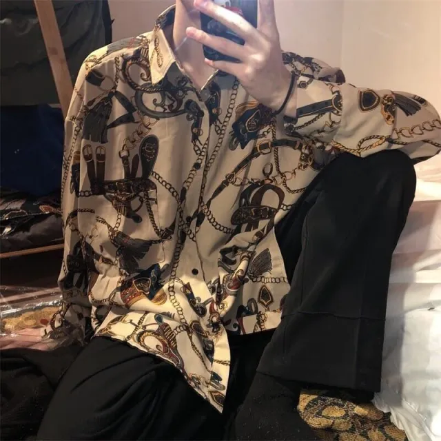 Men's Loose Retro Ruffian Print Shirt Khaki - Shop at LoveMi