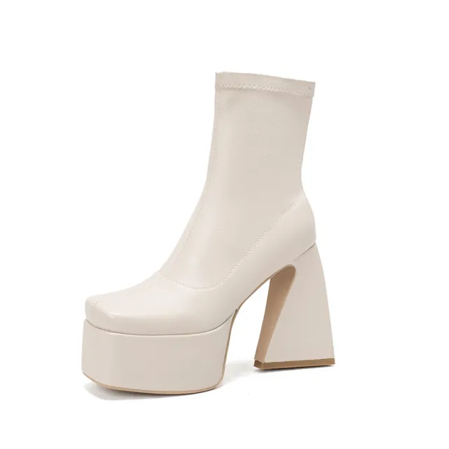 Thick Sole Shaped Heel Sleeve Low Top Square Toe Women's Boots Beige - Shop at LoveMi