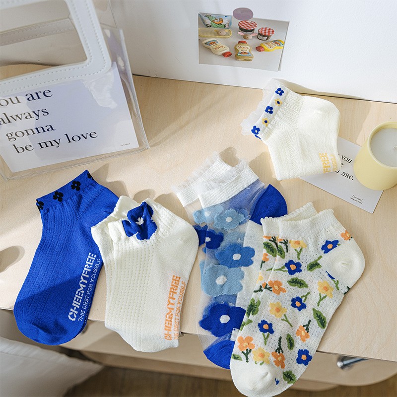 5pairs Glass Stockings Children's Small Flower Socks Summer Thin Breathable Small Fresh Blue Boat Socks