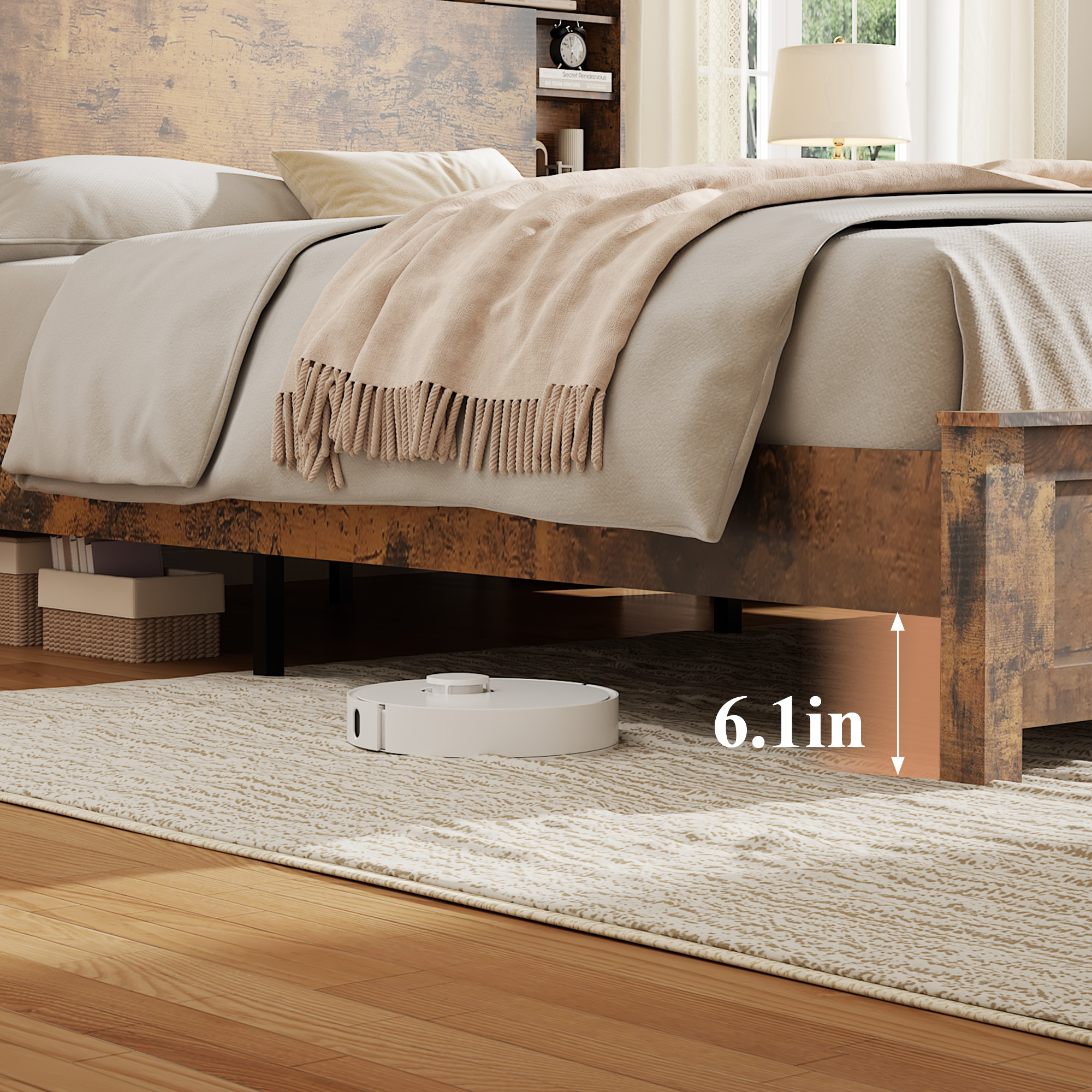 Full Wood Bed Frame With Bookcase Headboard, Charging Station & LED, Dark Brown — foto 5