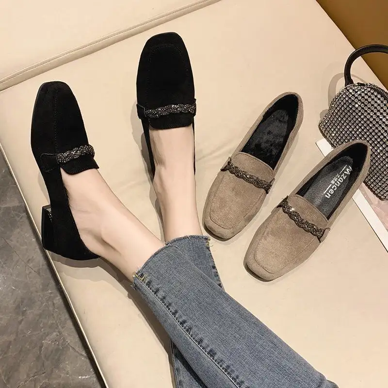 Women's Shoes With Rhinestone Square Toe Mid-heel Chunky Heel Shoes