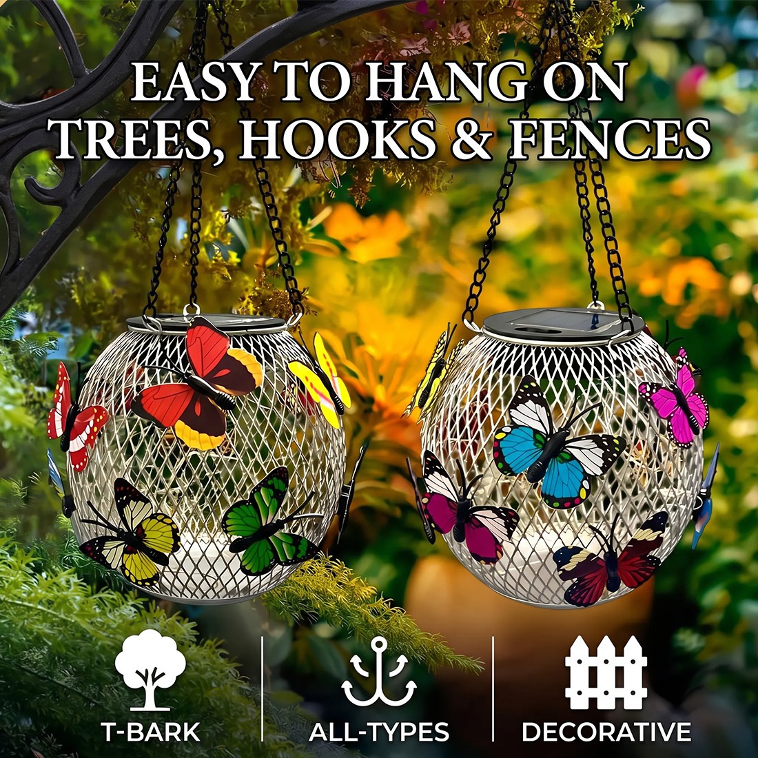 2pcs Hanging Butterfly Pendant Solar Power LED Light Mesh Orb Yard Garden Decor — image 8